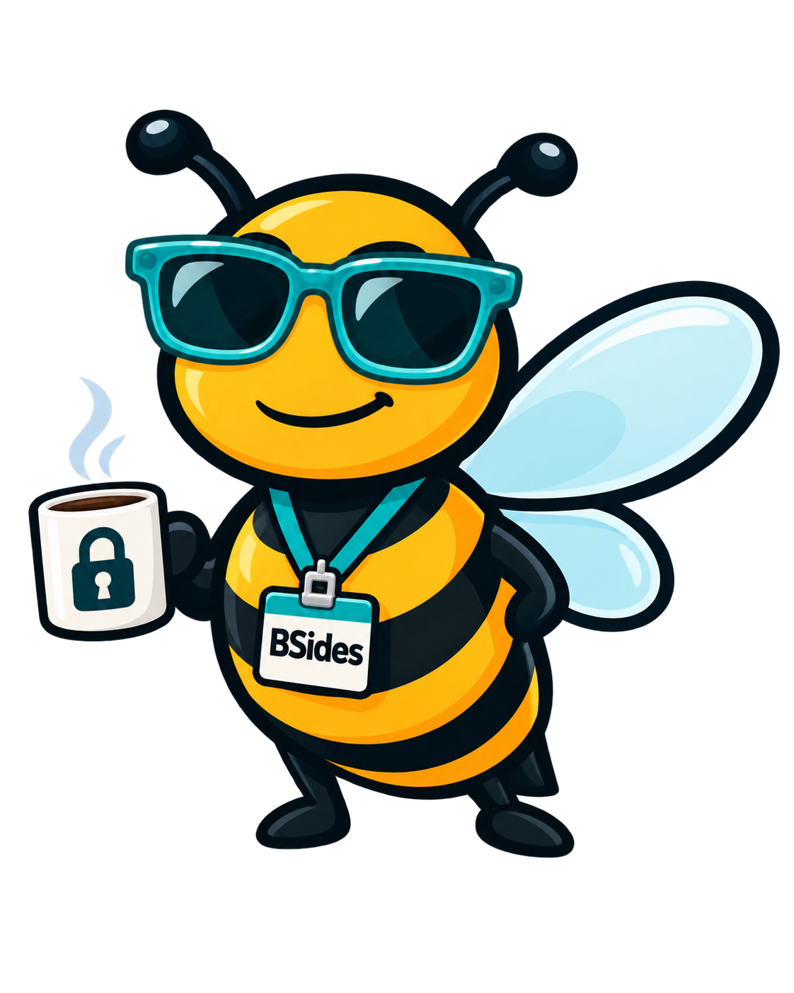 Buzzies cybersecurity bee mascot with teal glasses, padlock coffee mug and BSides badge